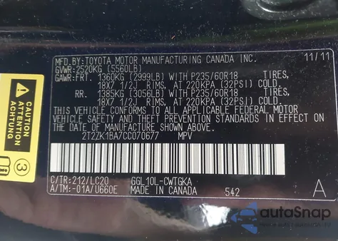 2012 Lexus Rx 350 z USA, uszkodzony, nr VIN 2T2ZK1BA7CC070677